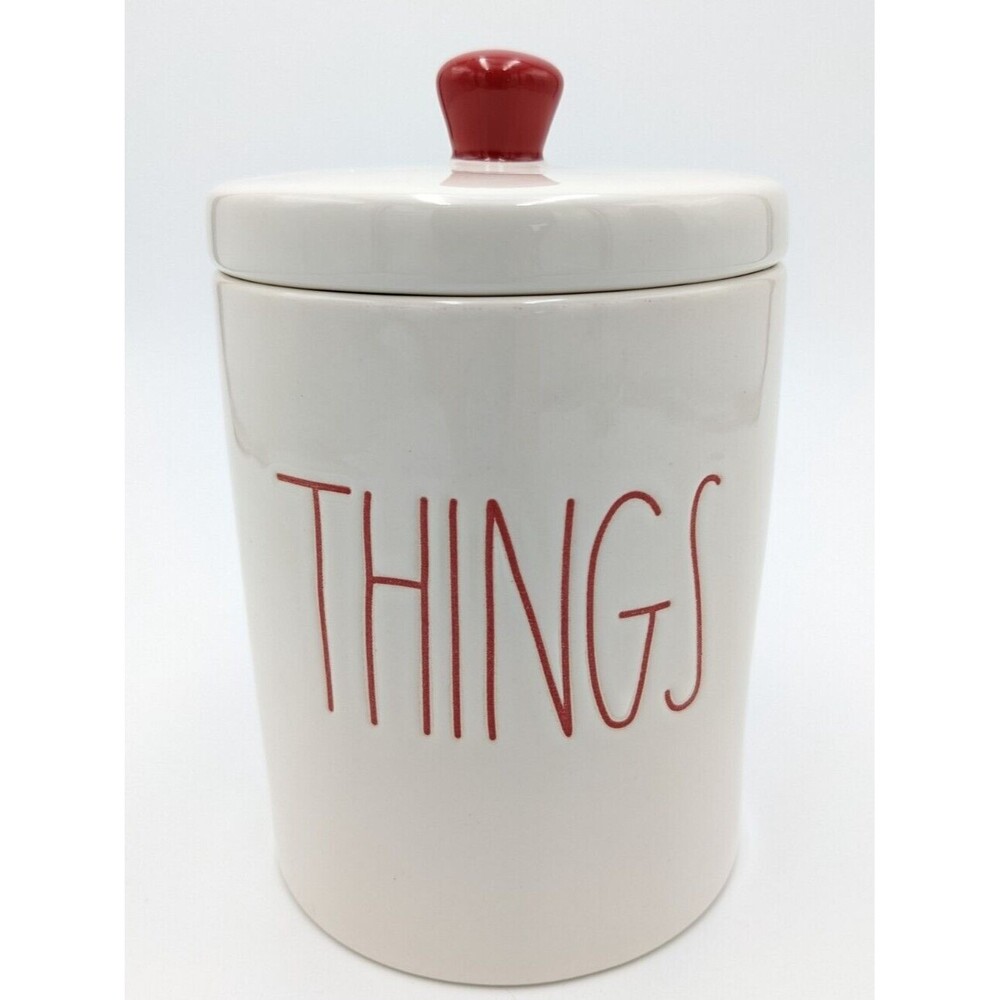Rae Dunn THINGS White Red Storage Jar Canister‎ Large Letters Red Interior W/Lid